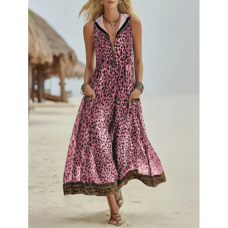 Evelisse | Women’s Maxi Dress with Zipper and Leopard Print