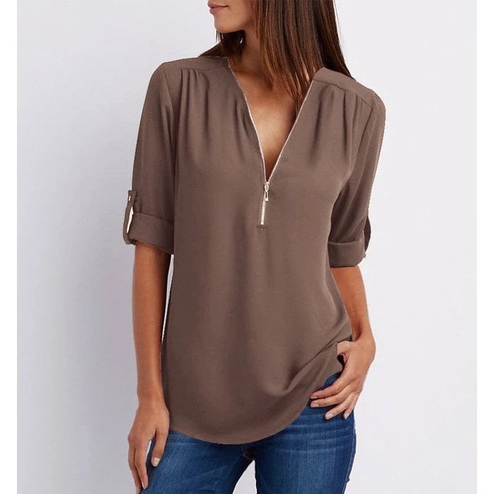 Rosalie | Zip-Up V-Neck Half Sleeve Blouse