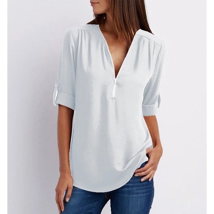 Rosalie | Zip-Up V-Neck Half Sleeve Blouse