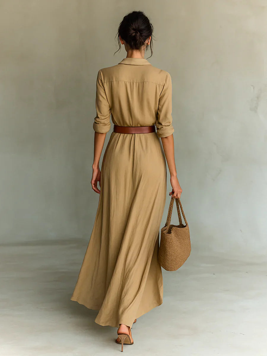 Lydia | Lapel Long Sleeve Belted Maxi Dress