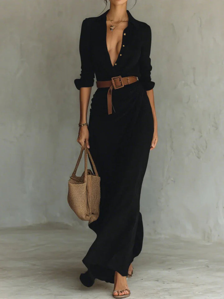 Lydia | Lapel Long Sleeve Belted Maxi Dress