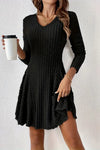 Theodora | Women’s Ribbed Dress with V-Neck and Flared Hem
