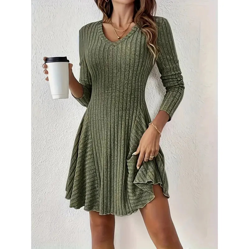 Theodora | Women’s Ribbed Dress with V-Neck and Flared Hem