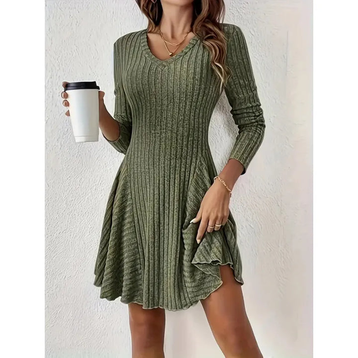 Theodora | Women’s Ribbed Dress with V-Neck and Flared Hem