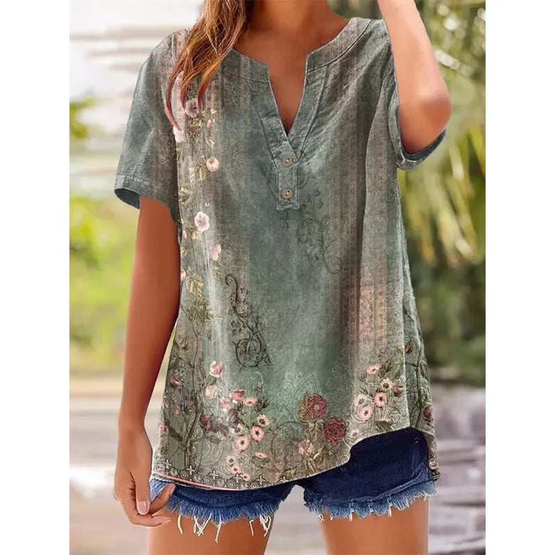Lorelei | Women’s Printed Blouse with Split Neckline and Buttons