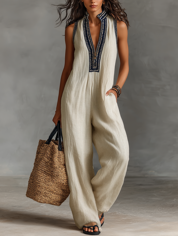 Sabrina | Sleeveless Stand Collar Embroidered Jumpsuit With Zipper