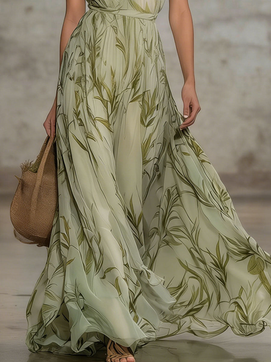 Noelle | Elegant Leaf Print Halter Neck Chiffon Sleeveless Maxi Dress