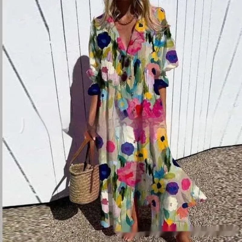 Jacqueline | Women’s Maxi Dress with V-Neck and Circle Print