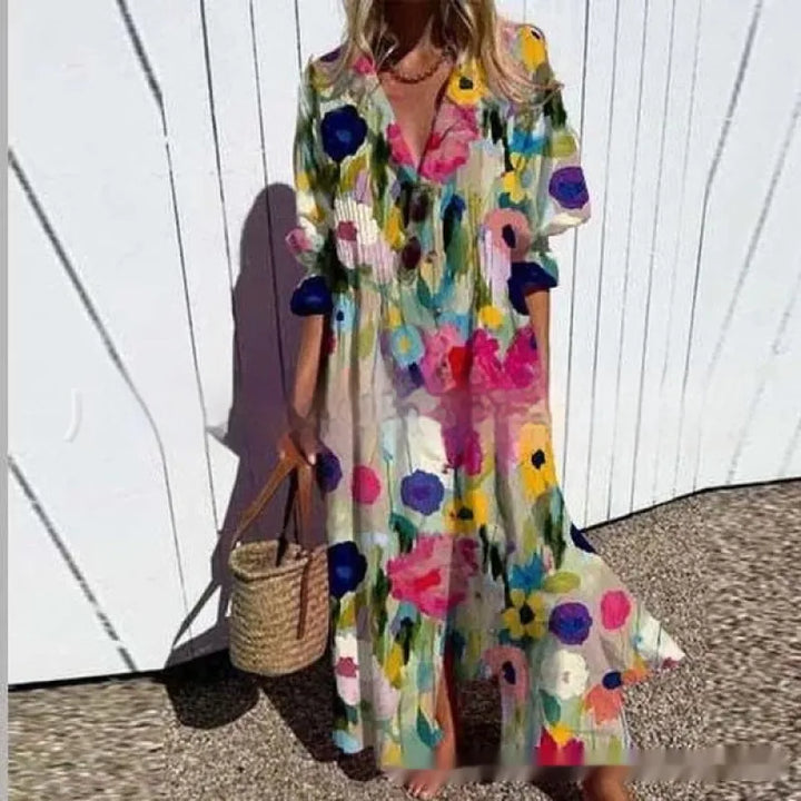 Jacqueline | Women’s Maxi Dress with V-Neck and Circle Print