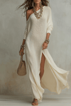 Savannah |  Ivory Bohemian Off Shoulder Loose Knit Side Split Maxi Dress