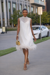 Scarlett | Women's Sleeveless Midi Dress with Feather Hem and Classic Design