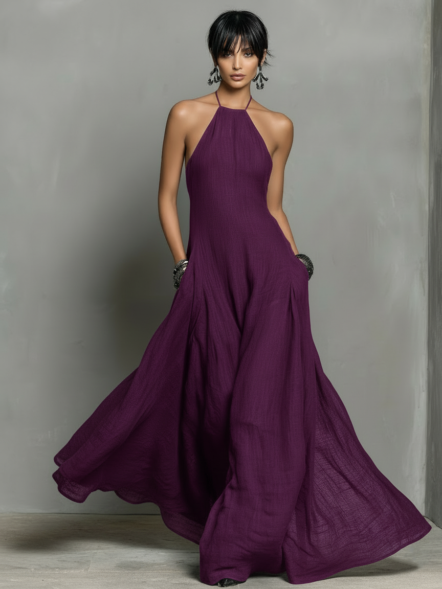 Sheila | Linen Blend Halter Neck Sleeveless Maxi Dress