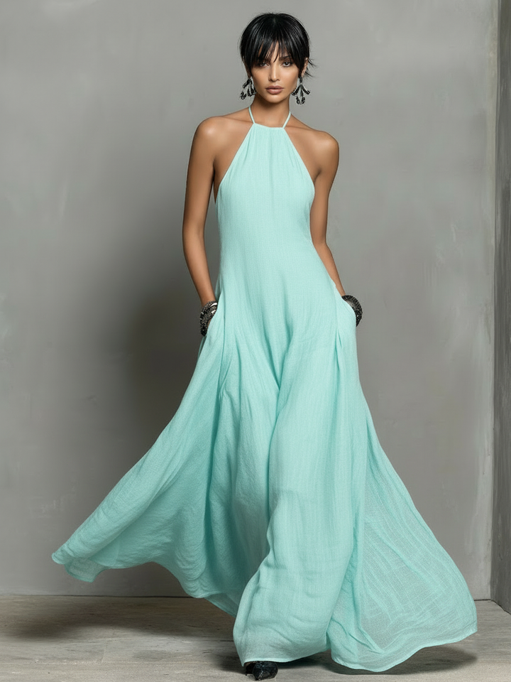 Sheila | Linen Blend Halter Neck Sleeveless Maxi Dress