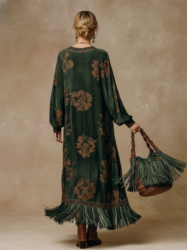 Willow | Retro Silhouette Printed Green Faux Suede Tassel Maxi Dress
