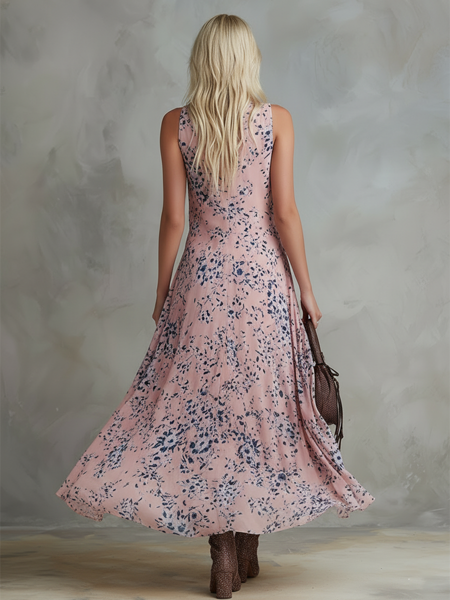 Evelisse | Retro Classic Floral Print Pink Chiffon V-Neck Sleeveless Maxi Dress