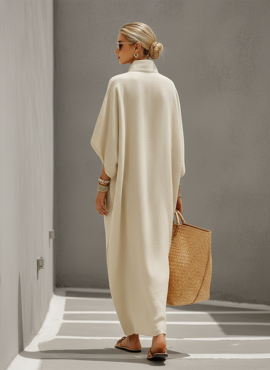 Emily | Linen Dress With Mandarin Collar &amp; Dolman Sleeves, Timeless Resort-Casual Style Dress