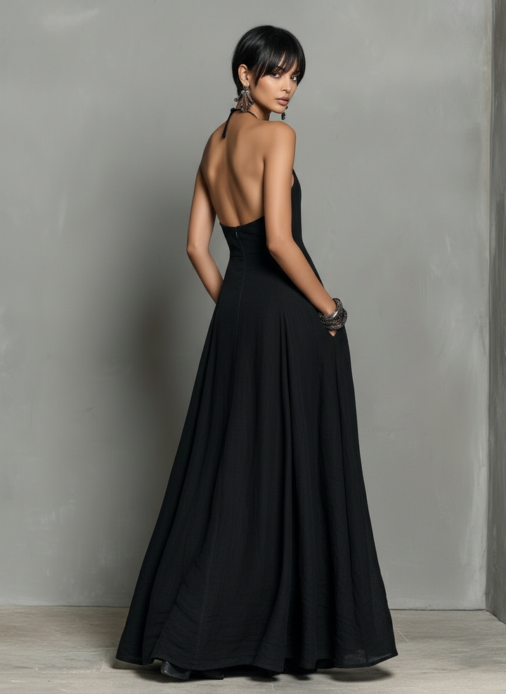 Sheila | Linen Blend Halter Neck Sleeveless Maxi Dress