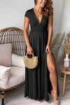 Valentina | Women's Deep V-Neck Maxi Dress Cap Sleeve Side Split