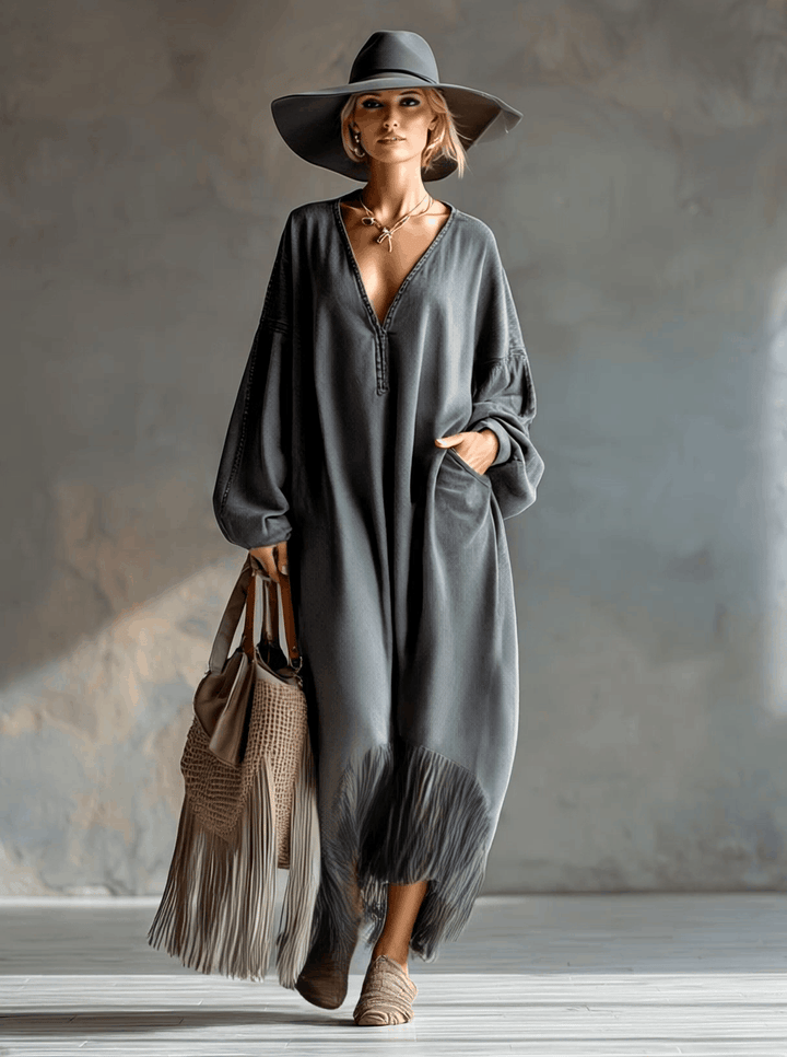Isadora | Elegant Silhouette Grey Denim Tassel Long Sleeve Maxi Dress