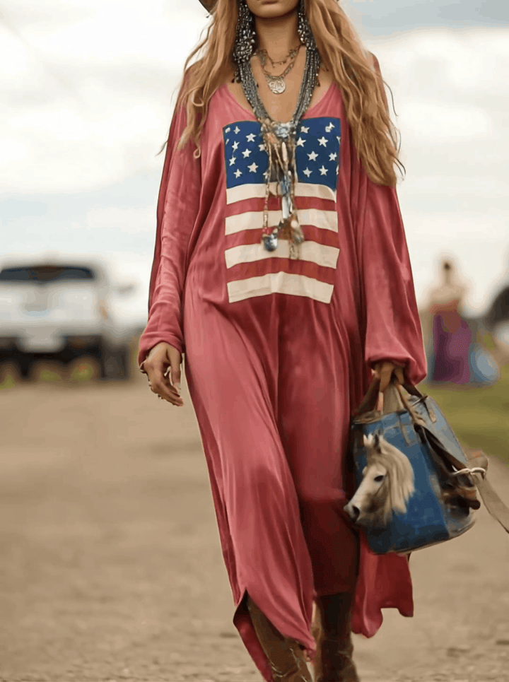 Daisy | Vintage Casual Western Long Sleeve Flag Print Pink Cotton Loose Maxi Dress
