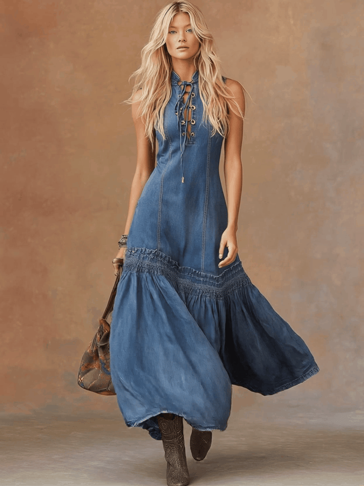 Belle | Elegant Vintage Western Tie-neck Sleeveless Bubble Hem Blue Denim Maxi Dress