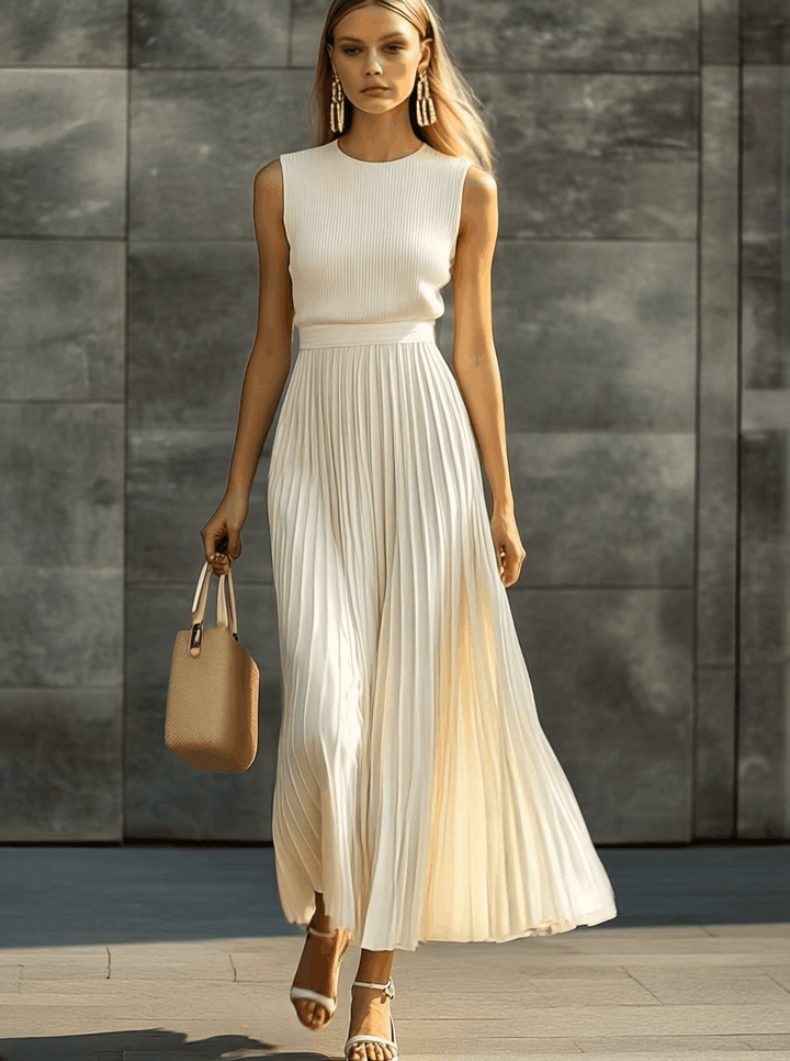 Lily | Elegant Casual And Comfortable Cream Knitted Chiffon Pleated Hem Maxi Dress