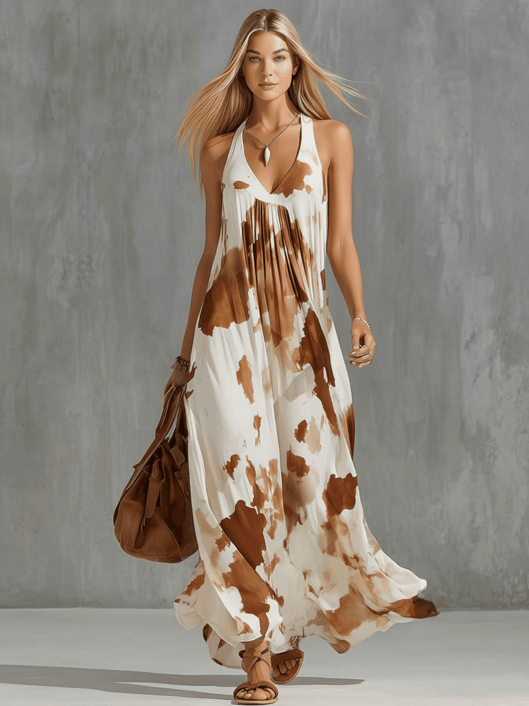 Molly | Vintage Brown Cow Print White Chiffon Sleeveless Maxi Dress