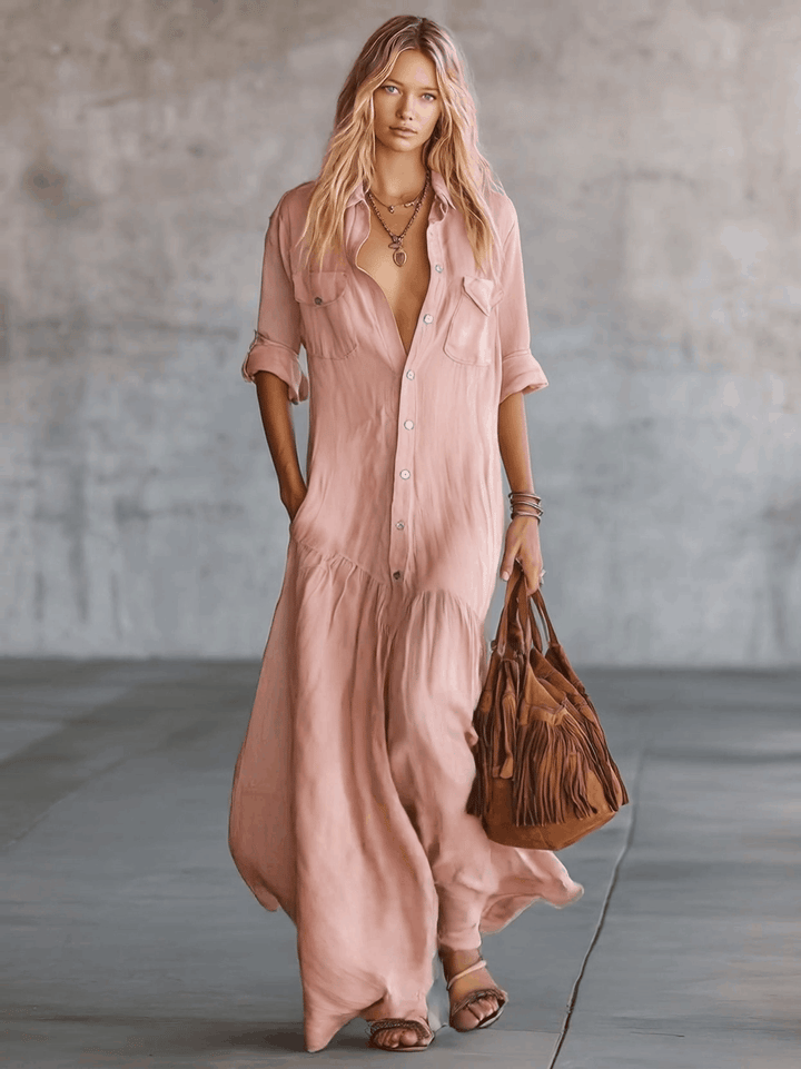 Calista | Casual Retro Western V-neck Front Button Short Sleeve Pink Cotton Linen Shirt Maxi Dress