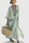 Sage | Women's V-Neck Striped Linen Maxi Dress with Pockets