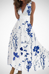 Flora | Women's Floral Maxi Dress Sleeveless V-Neck Wrap Waist