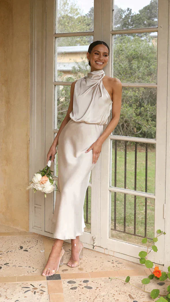 Helena | Elegant Halter Midi Dress – Flattering Flowing Design for Every Event