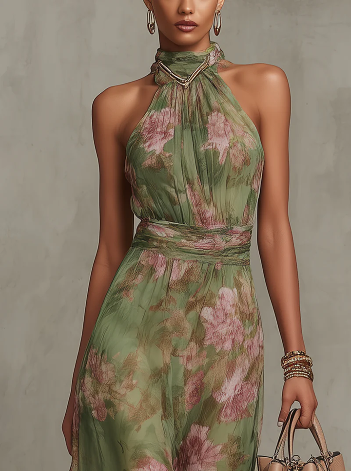 Adeline | Green Floral Chiffon Halter Maxi Dress