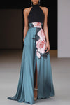 Janelle | Black Slit Floral Classic Crew Neck Sleeveless A-Line Maxi Dress