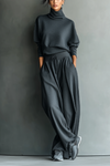 Hazel | Women's Charcoal Knit Fabric Turtleneck Oversized Top & Wide-Leg Pants Set