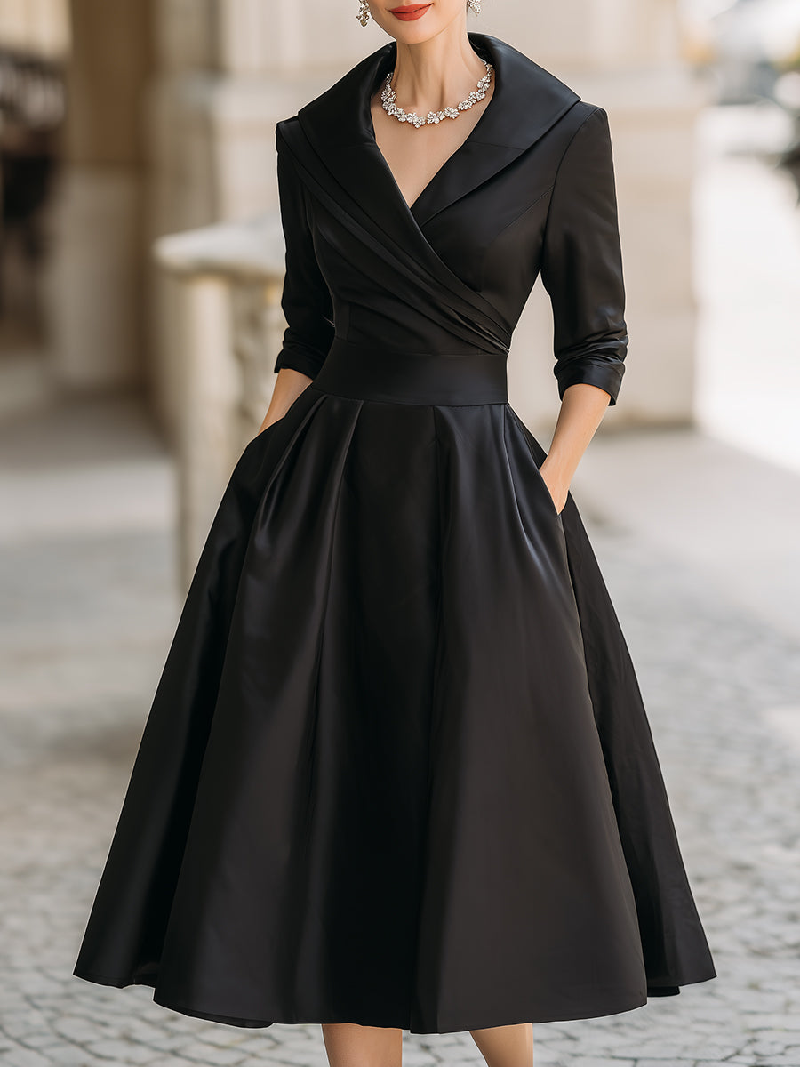 Beatrice | Women´s Retro Satin Midi Dress Featuring a Draped Collar