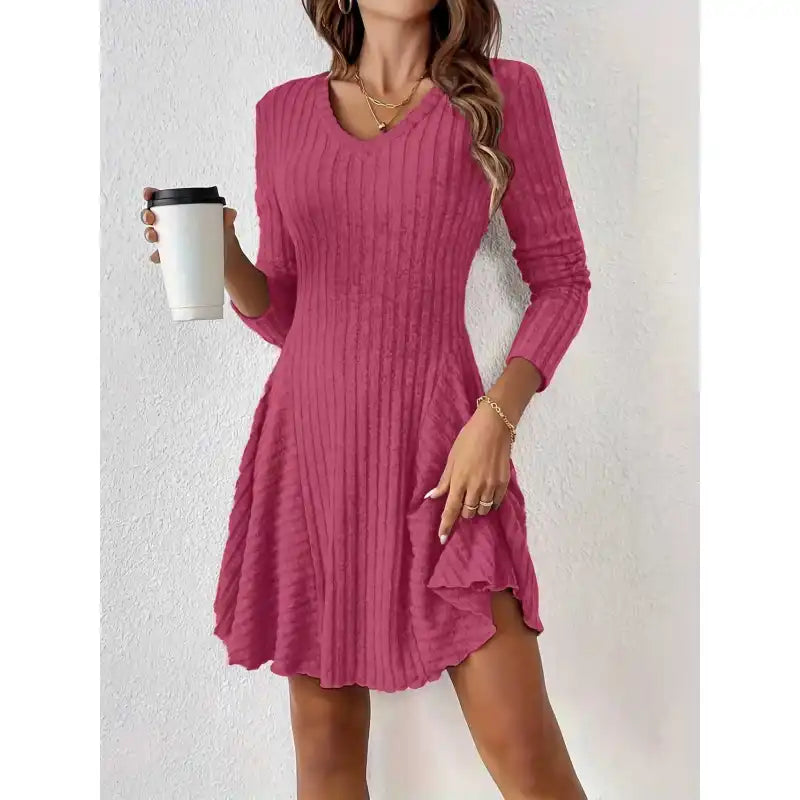Theodora | Women’s Ribbed Dress with V-Neck and Flared Hem