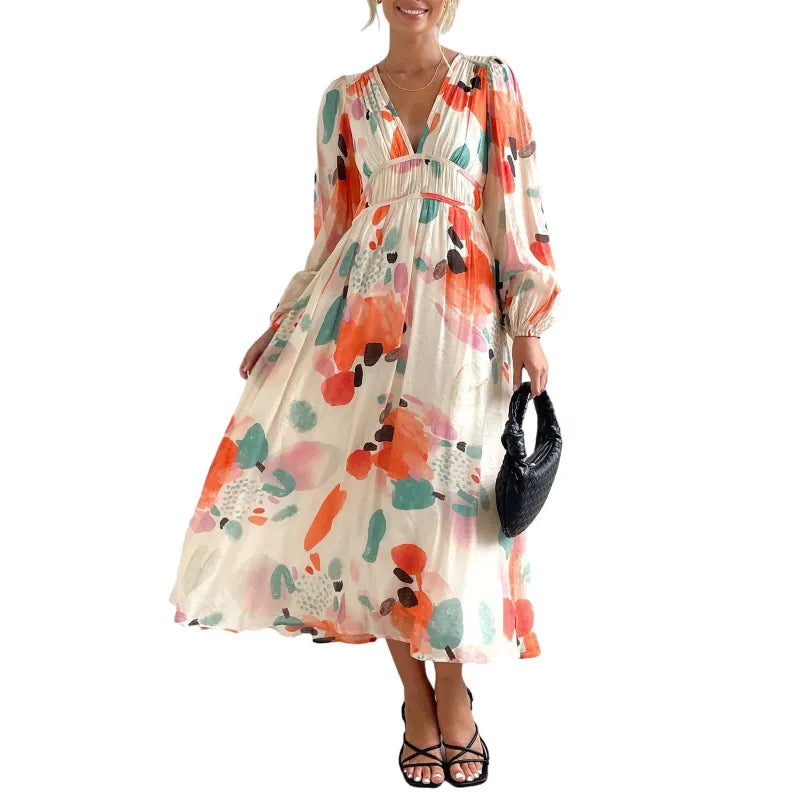 Riley | Women’s Midi Dress with V-Neck and Print
