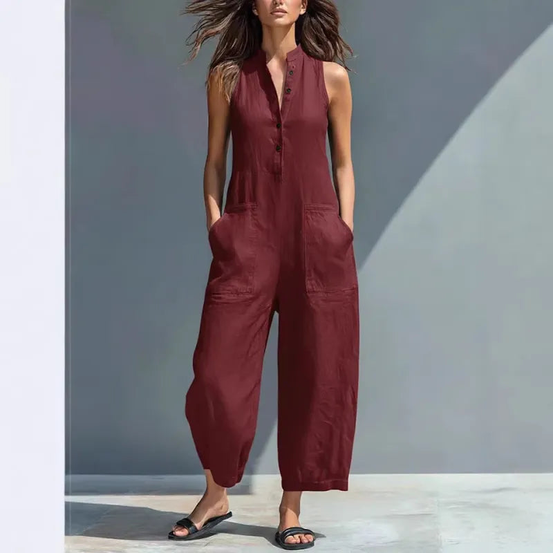 Katherine | Button Up Stand Collar Sleeveless Loose Jumpsuit