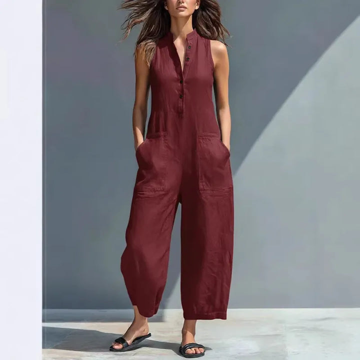 Katherine | Button Up Stand Collar Sleeveless Loose Jumpsuit
