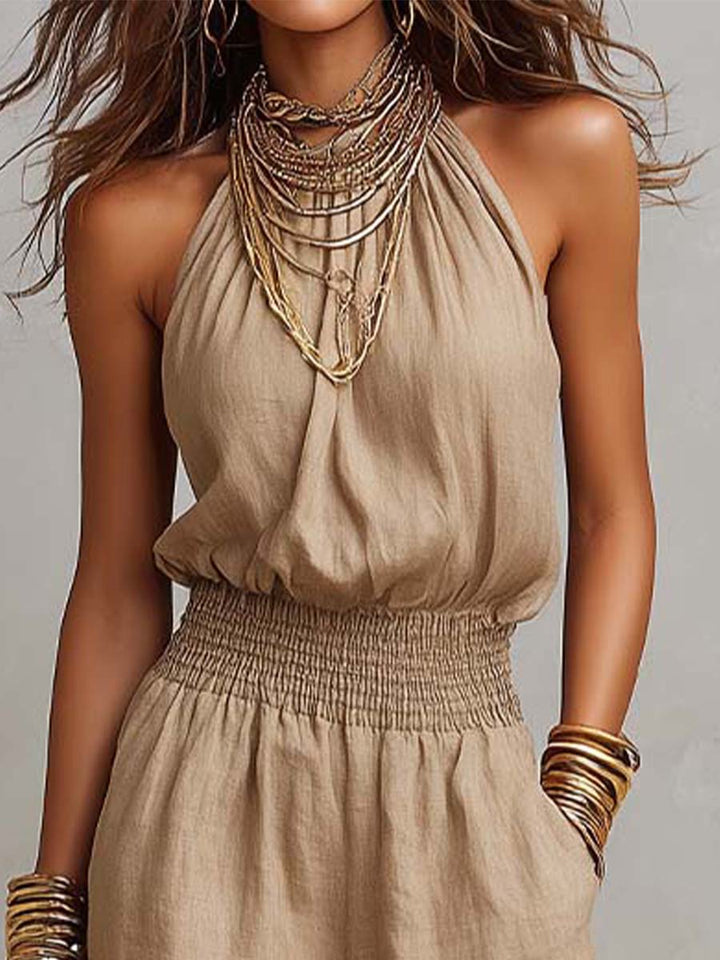 Sage | Tan Cotton Linen Halter Neck Smocked Waist Wide Leg Jumpsuit