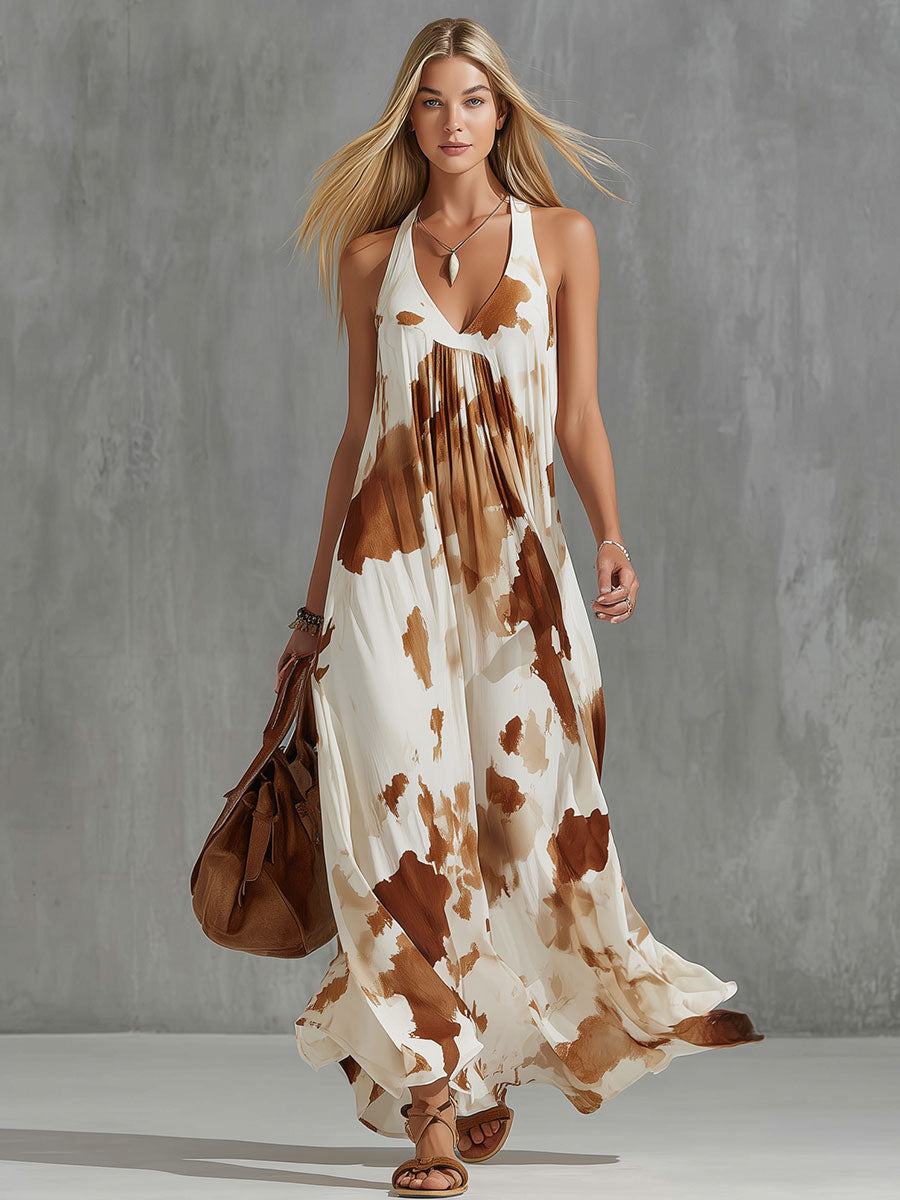 Molly | Vintage Brown Cow Print White Chiffon Sleeveless Maxi Dress