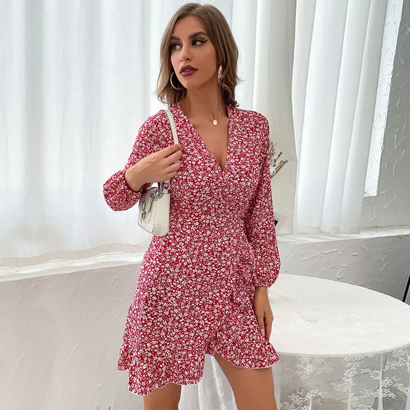 Autumn | Women’s Wrap Dress with V-Neck and Ruffles