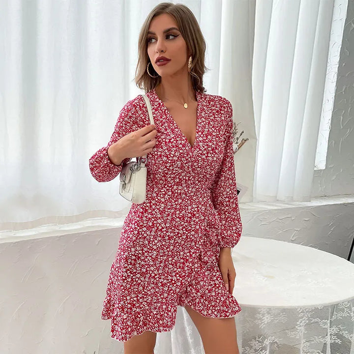 Autumn | Women’s Wrap Dress with V-Neck and Ruffles