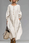 Sadie | Loose Round-neck Button-front Double-pocket Cotton Long-sleeved Midi Dress