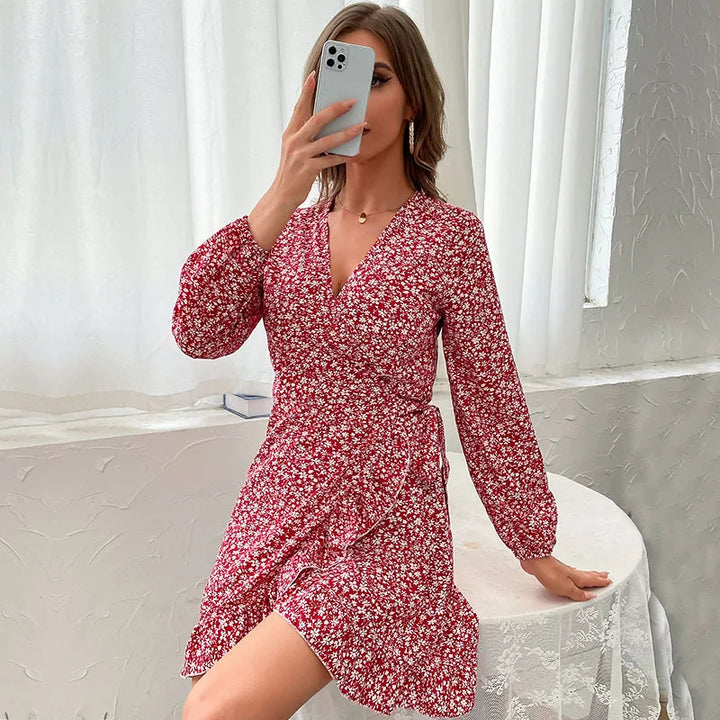 Autumn | Women’s Wrap Dress with V-Neck and Ruffles