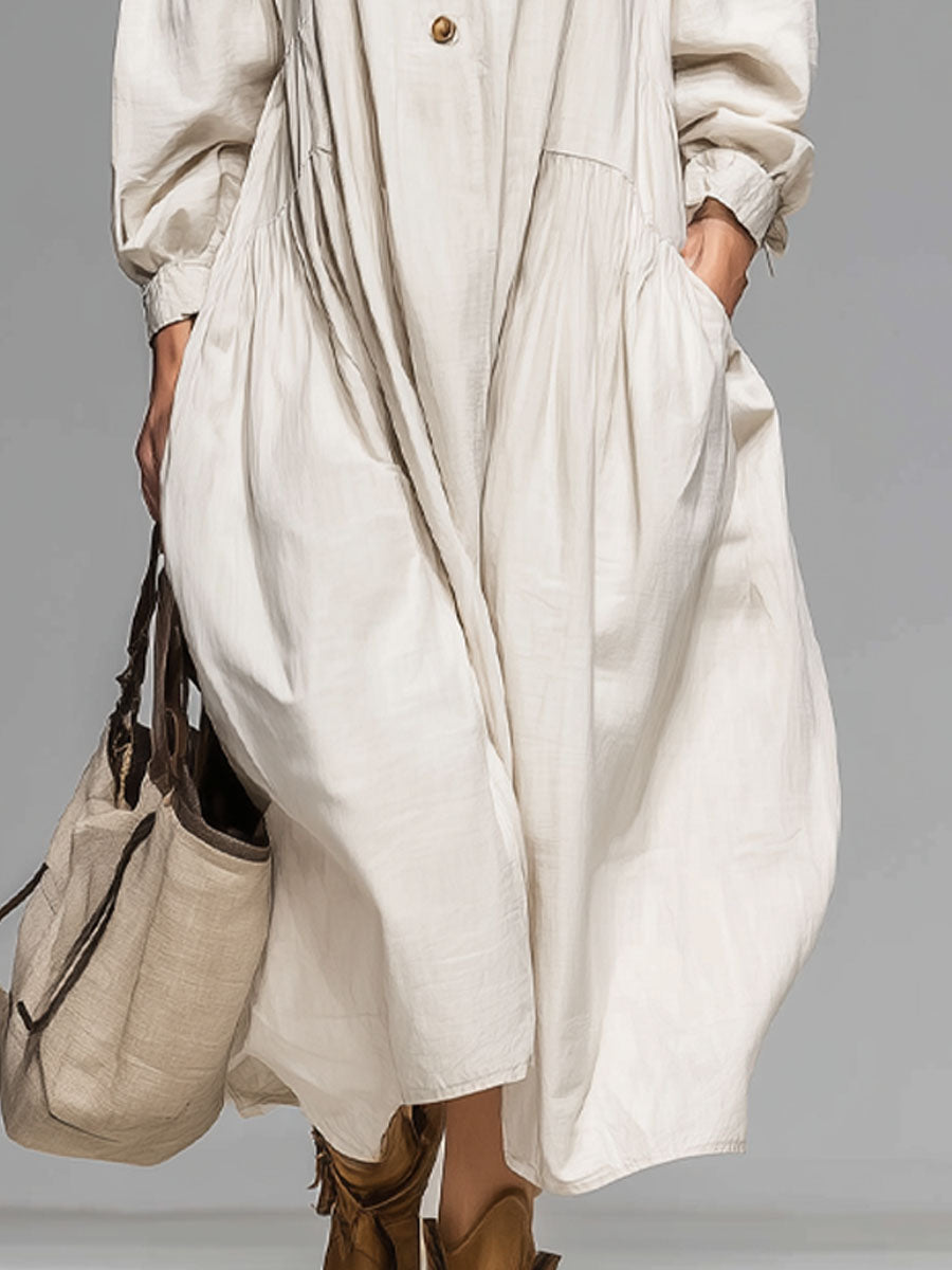 Sadie | Loose Round-neck Button-front Double-pocket Cotton Long-sleeved Midi Dress