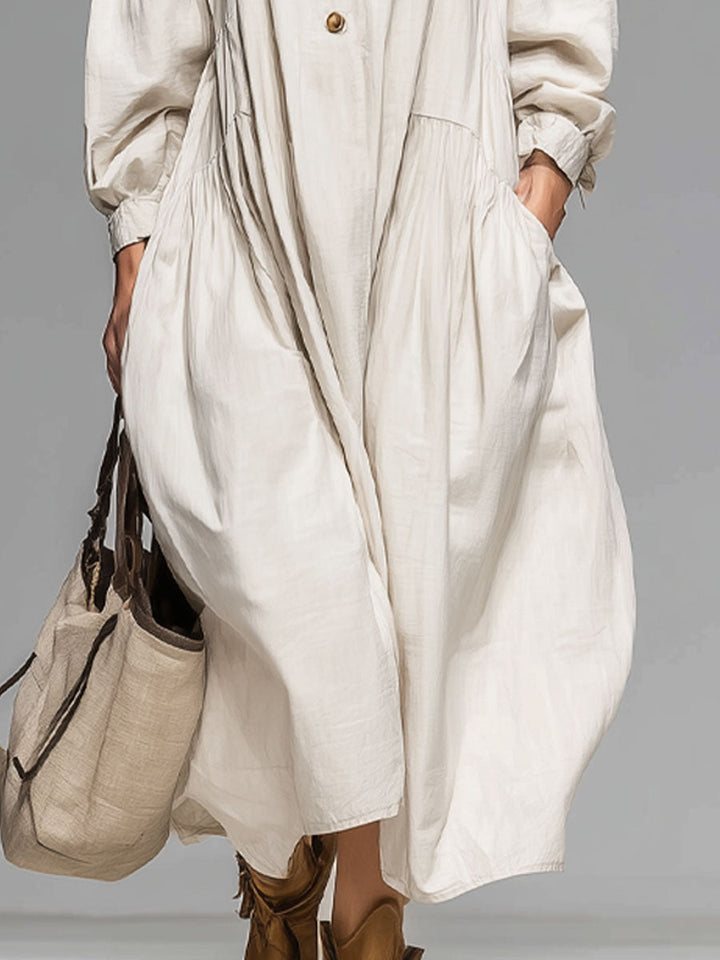 Sadie | Loose Round-neck Button-front Double-pocket Cotton Long-sleeved Midi Dress