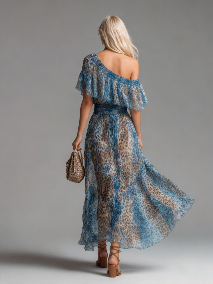 Gianna | Stylish And Elegant Off-the-shoulder Short-sleeved Leopard Print Chiffon Maxi Dress