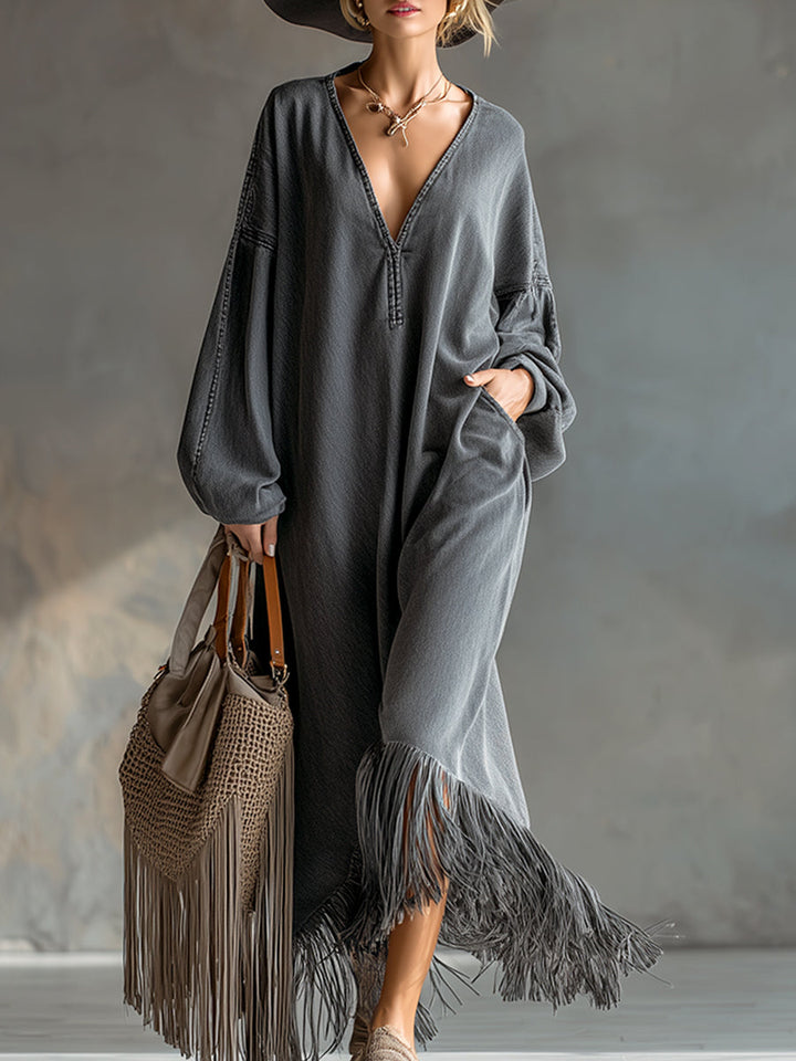 Isadora | Elegant Silhouette Grey Denim Tassel Long Sleeve Maxi Dress