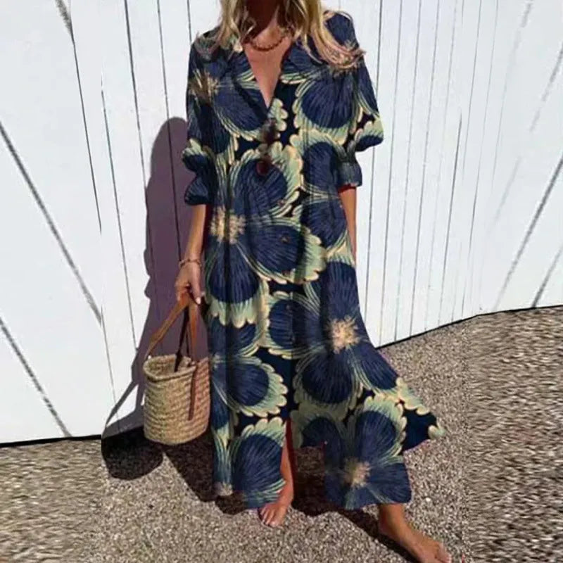 Jacqueline | Women’s Maxi Dress with V-Neck and Circle Print